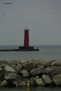 The lighthouse on the other side of the breakwall.